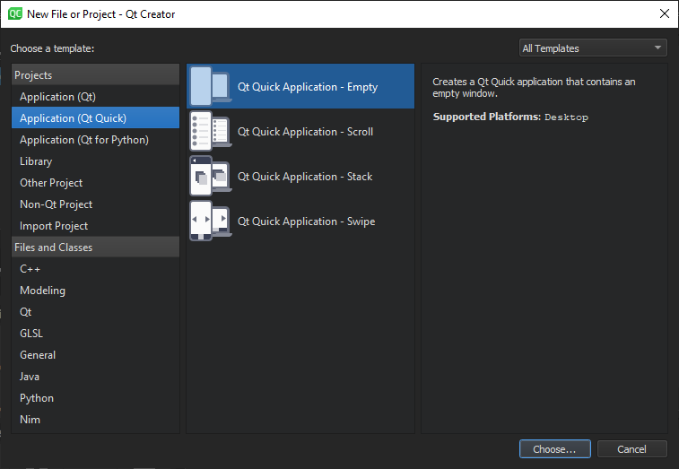 "New File or Project dialog"