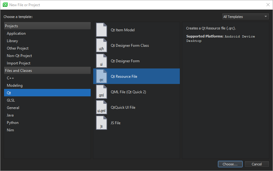 "New File or Project dialog"