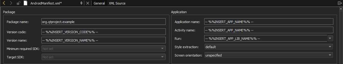 "Package info in Android Manifest Editor"