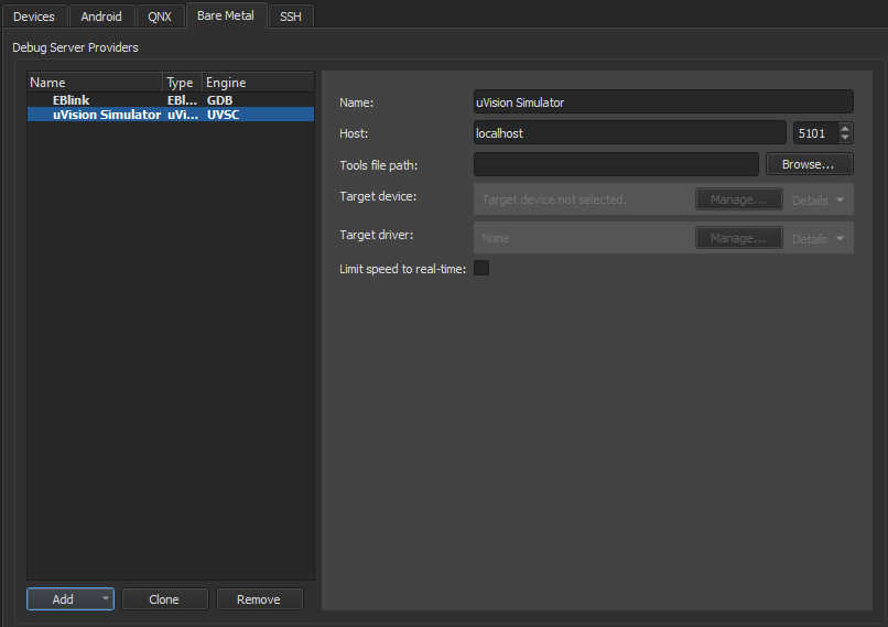 "Bare metal device options for uVision Simulator"