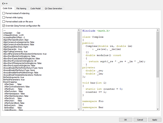 "C++ Clang Format options"