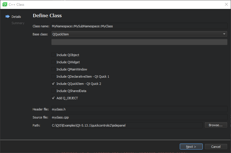 "Enter Class Name dialog"
