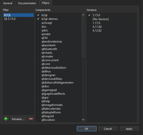 "Filters tab in Help options"