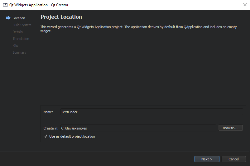"Introduction and Project Location dialog"