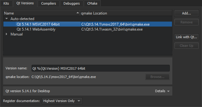 "Qt Versions tab in Kit options"