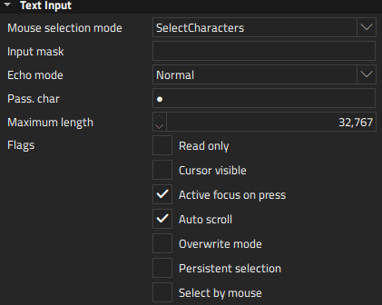 "Text input field properties"